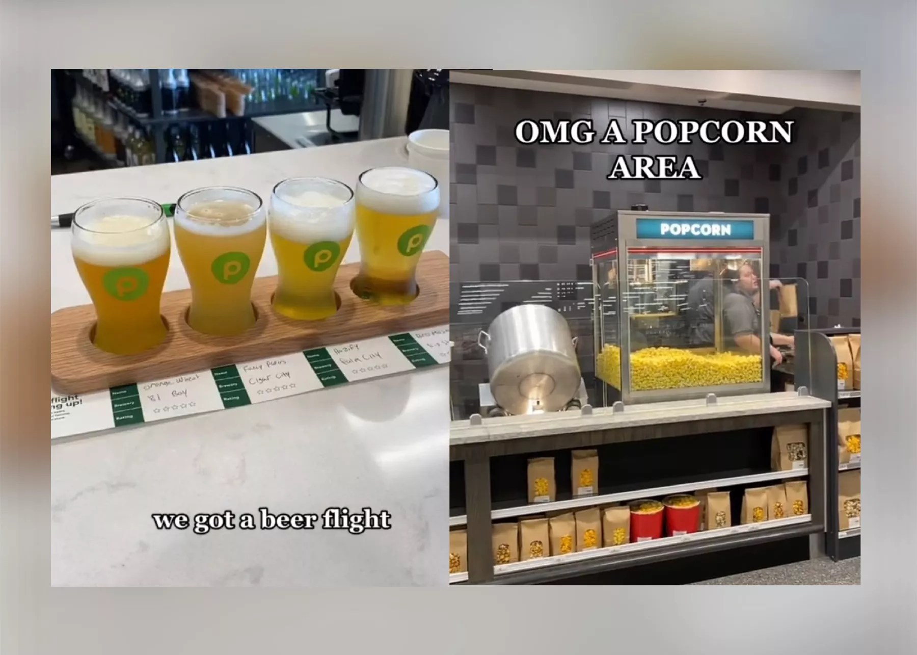 a flight of beers and popcorn station