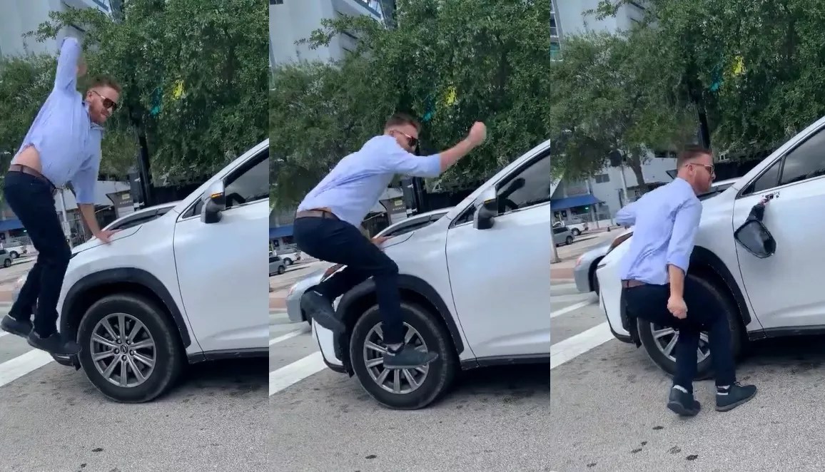 three screenshots of a Florida man karate-chopping the driver's-side mirror off a woman's car on a city street