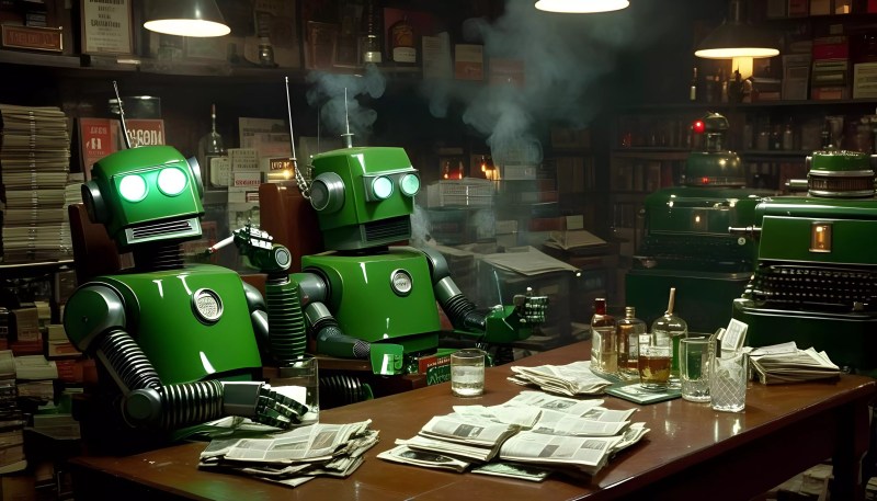A pair of robo-reporters surrounded by newspapers,  booze, and cigarettes reflect solemnly on their life choices