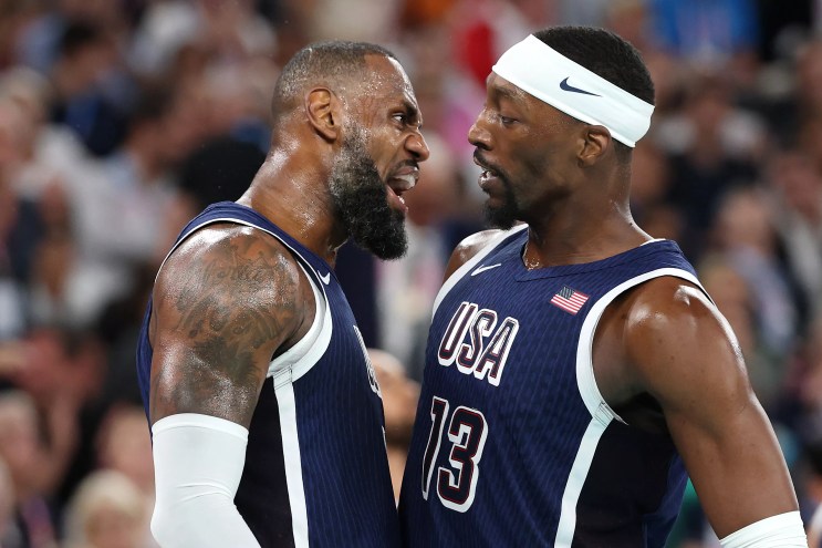 Lebron James fired up with Bam Adebayo as Team USA faces off against Team France in Paris