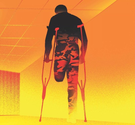 illustration in tones of yellow, orange and red, depicting a figure dressed in camo, on crutches, in a corridor, with one leg amputated above the knee