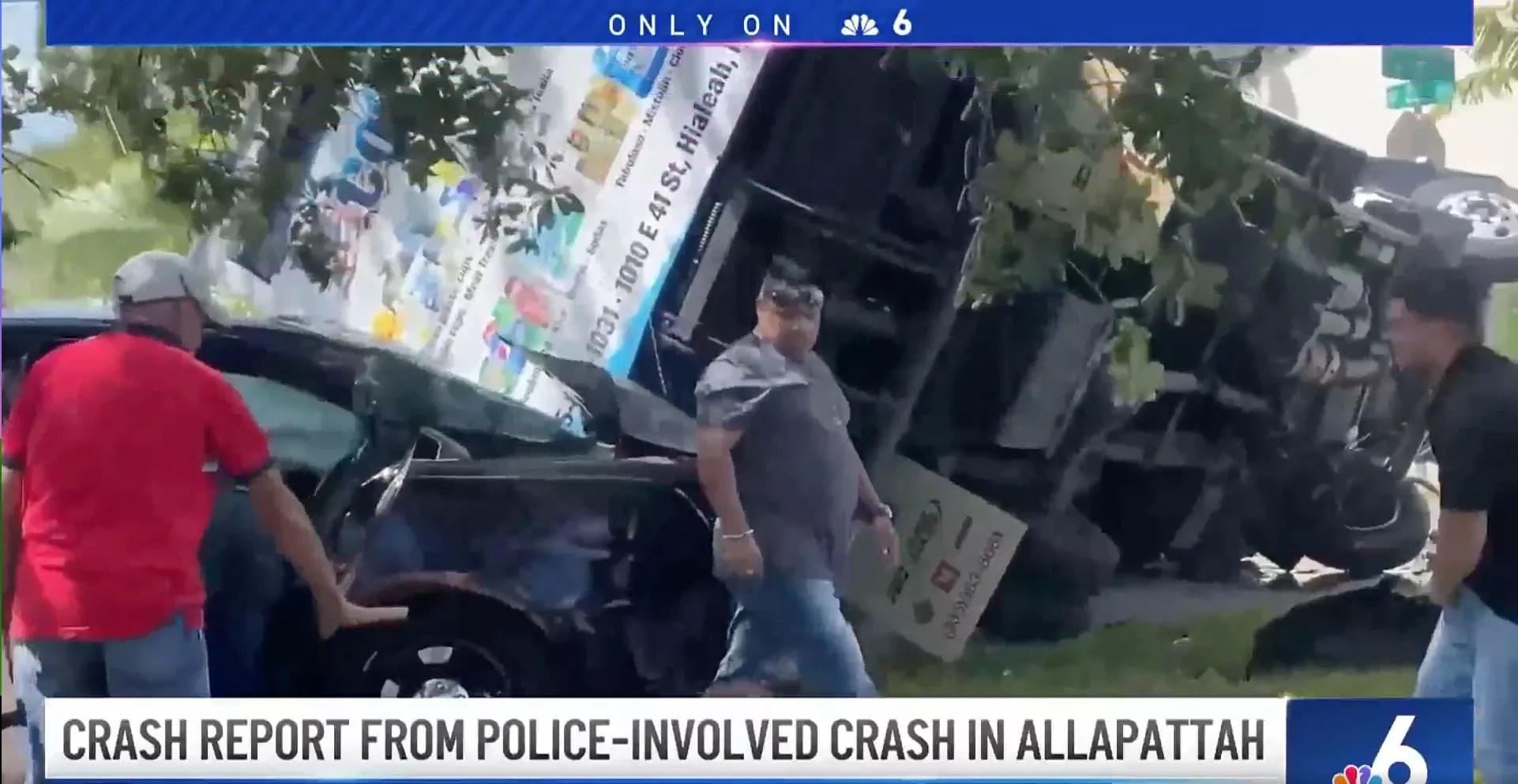 A screenshot of the tv coverage of the fatal crash where the delivery box truck flipped on its side under an unmarked Miami police vehicle