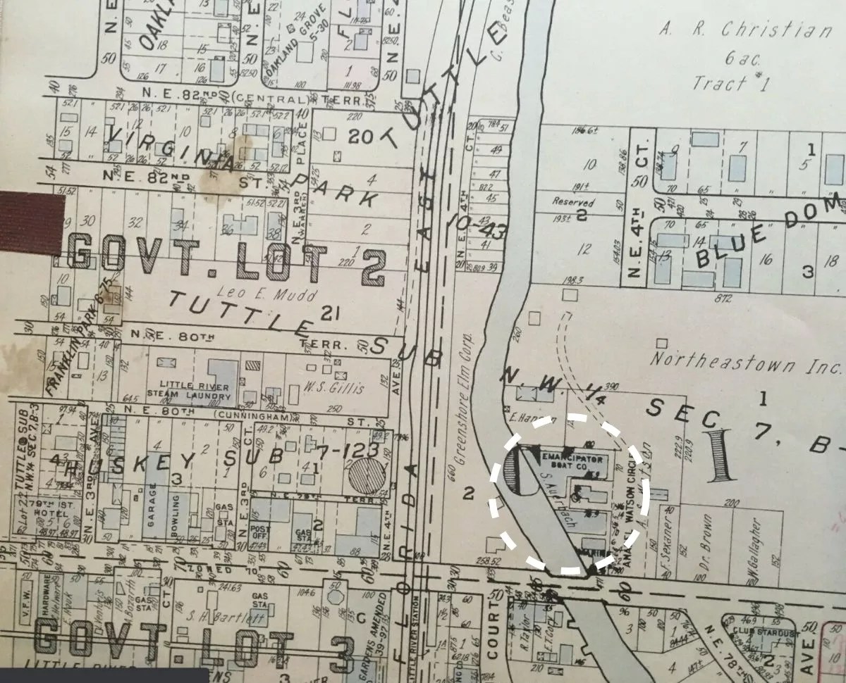 a detail from a mid-20th-century map of the Little River area of Miami near NE 79th Street