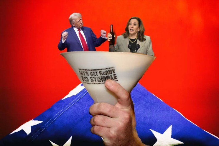 A photoshopped photo of Donald Trump and Kamala Harris inside a beer funnel with an American flag in the background.