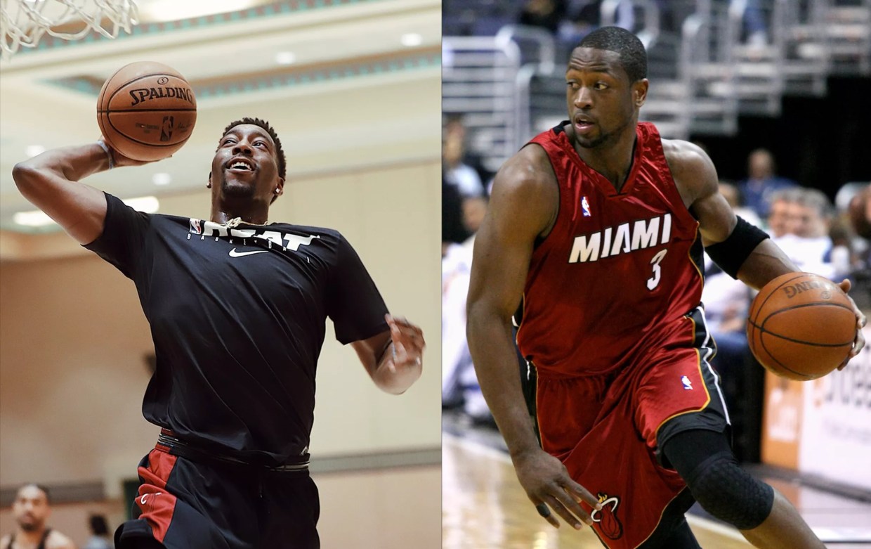 side by side color photos of Bam Adebayo and Dwyane Wade