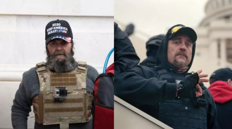 On the left, Tom Vournas wearing a "2020 Keep America Great Hat" and army vest. Leonard Lobianco on the right in a Proud Boy hat making an "Ok" hand gesture, a white power sign.