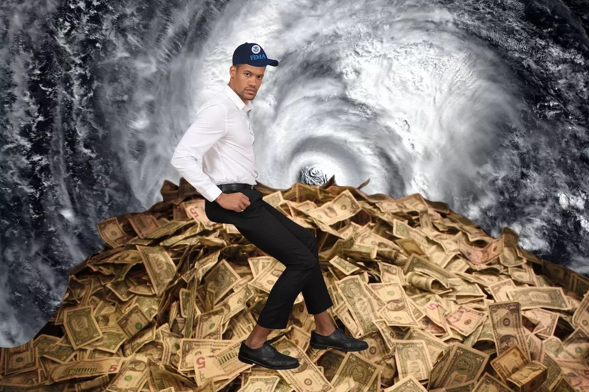man in FEMA hat atop a huge pile of dollar bills with a satellite photo of a hurricane in the background