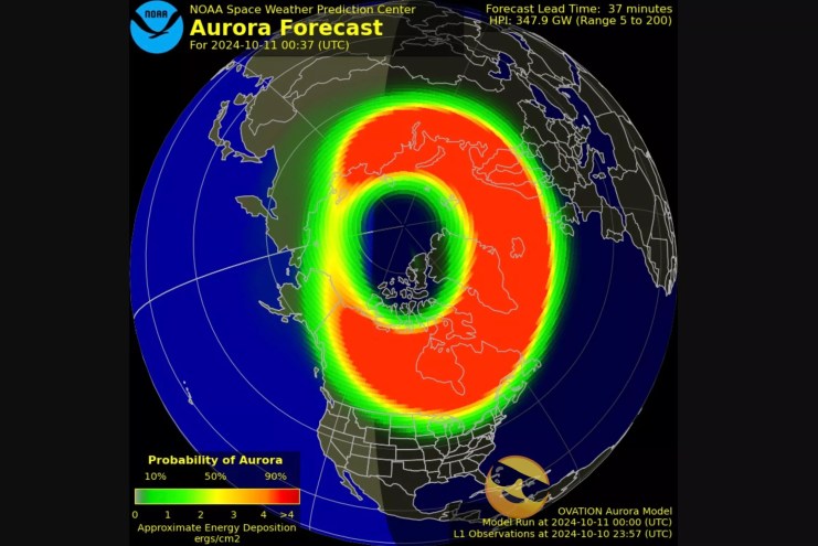 Screenshot of a graphic showing Northern Lights forecast for October 10-11, 2024