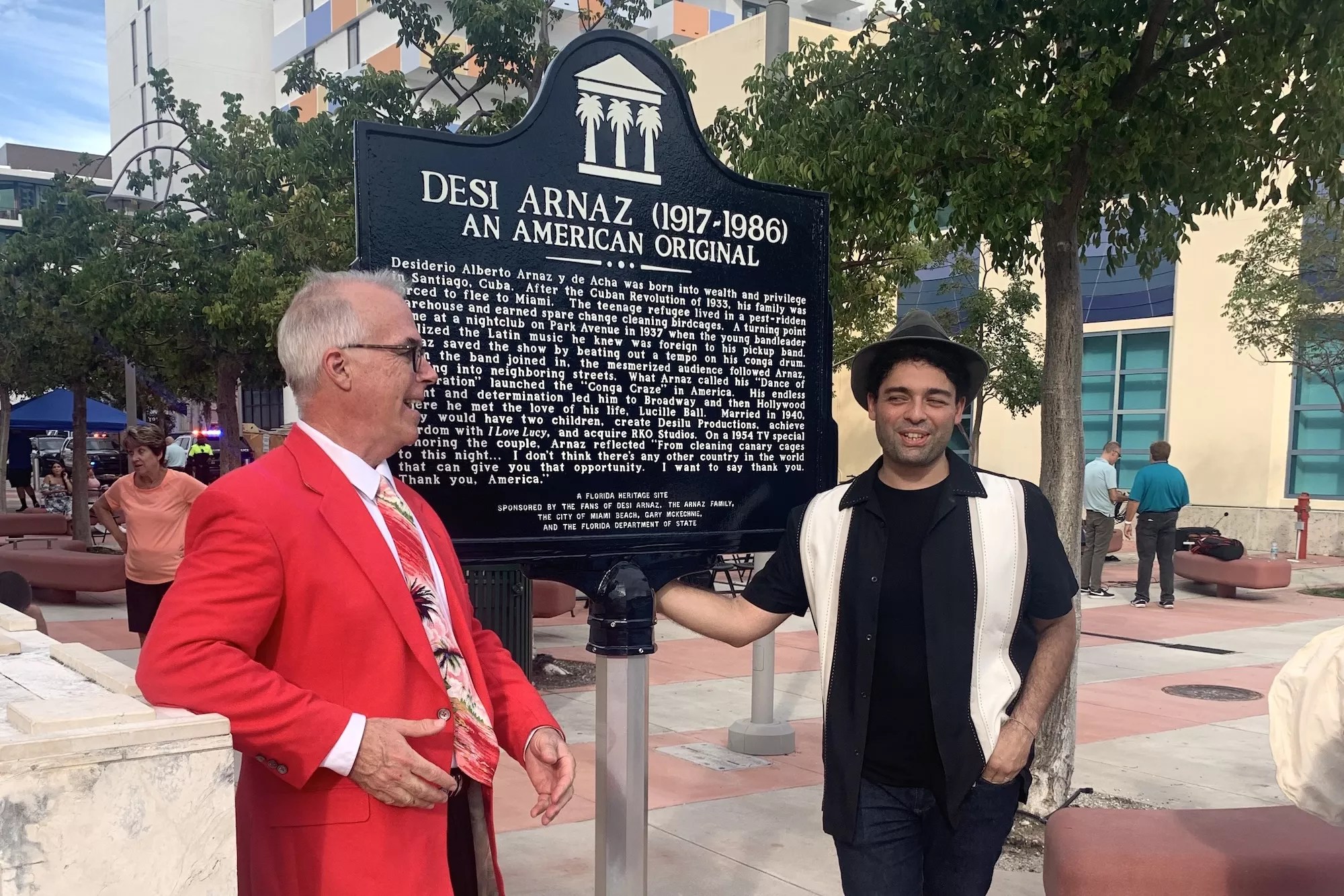 Gary McKechnie and Raj Tawney in front of the Desi Arnaz historical marker