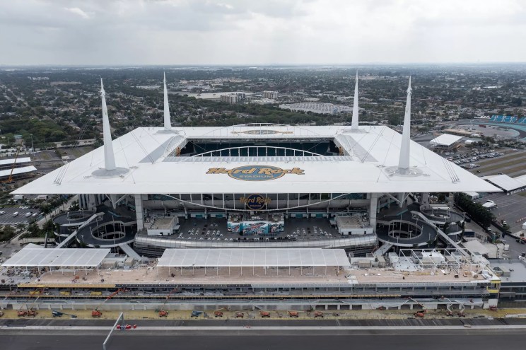 An aerial view of Hard Rock Stadium on March 14, 2023 in Miami Gardens, Florida. This is home stadium where the Miami Dolphins of the National football League play. It is also where the Miami Open Tennis Tournament is played. The Formula 1 Miami Grand Prix is held here with The Miami International Autodrome and a purpose-built temporary circuit around Hard Rock Stadium