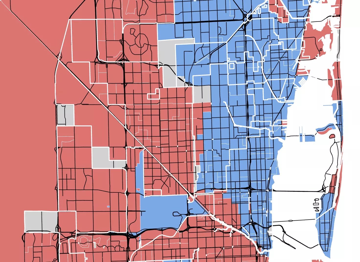 detail of a map of Miami-Dade County with voting precinct borders colored red and blue