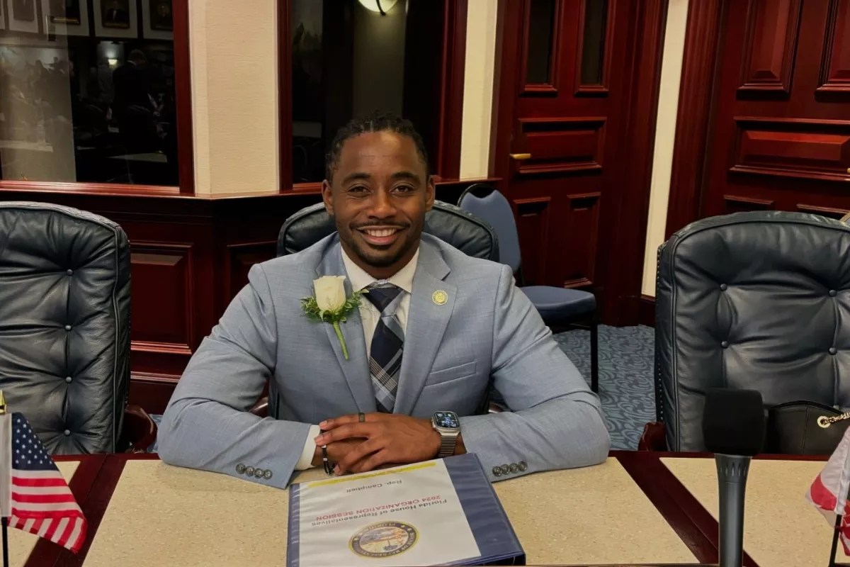 Rep. Daryl Campbell smiles in his seat inside the Florida House of Representatives