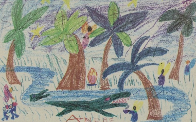 The angels' battle camp in a "jungle just outside Miami," as imagined by 8-year-old Andre. The bloodied figures in the lower left corner are the spirits of dead homeless children who made their way to the encampment, which is protected by giant alligators.