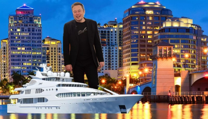 Illustration of Elon Musk on a yacht in West Palm Beach