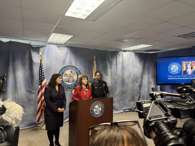 Miami-Dade State Attorney Katherine Fernandez Rundle speaks to the media during a press conference about the sexual battery charges against Oren and Alon Alexander.
