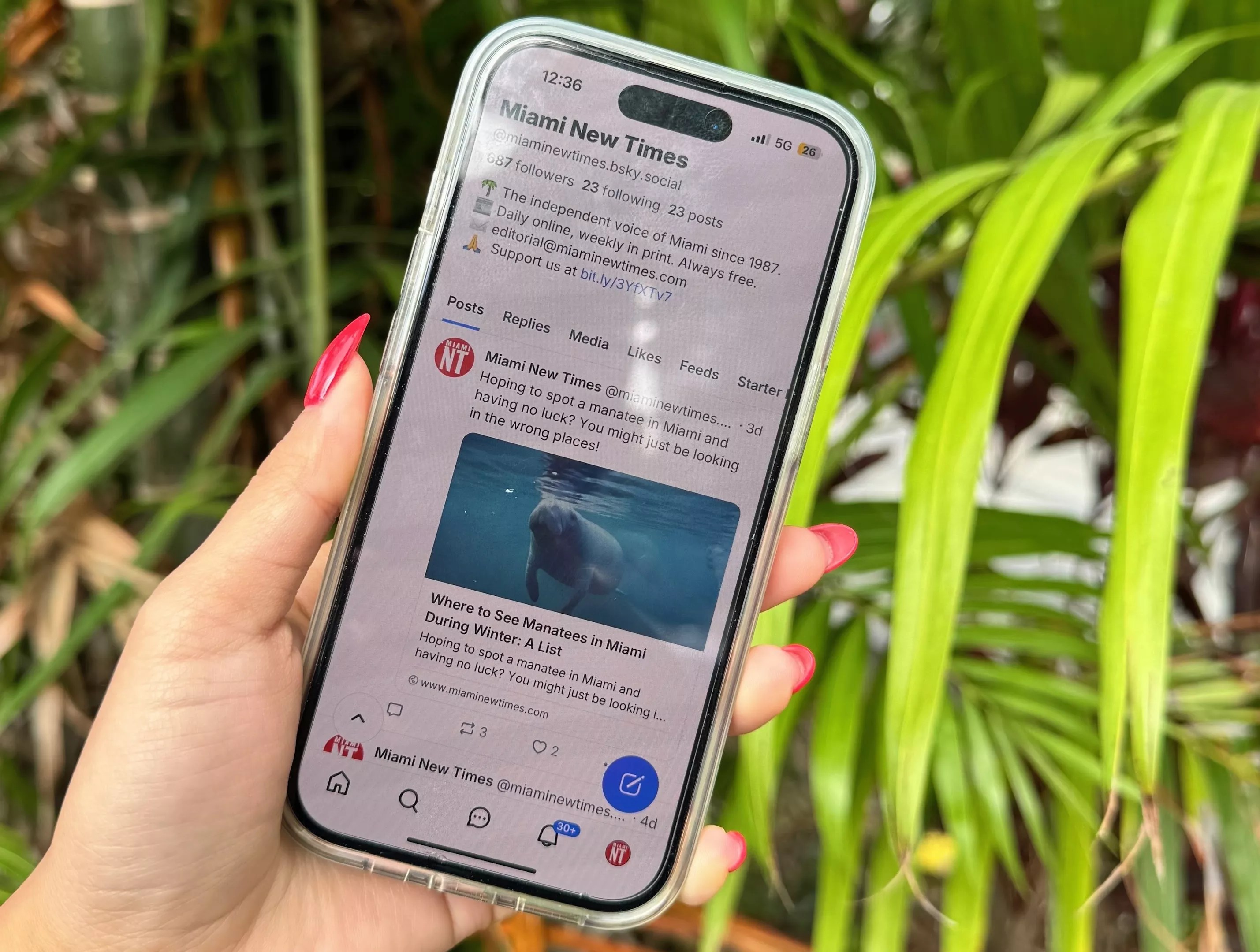 photo of a woman's hand holding a smartphone with the Miami New Times profile on Bluesky.