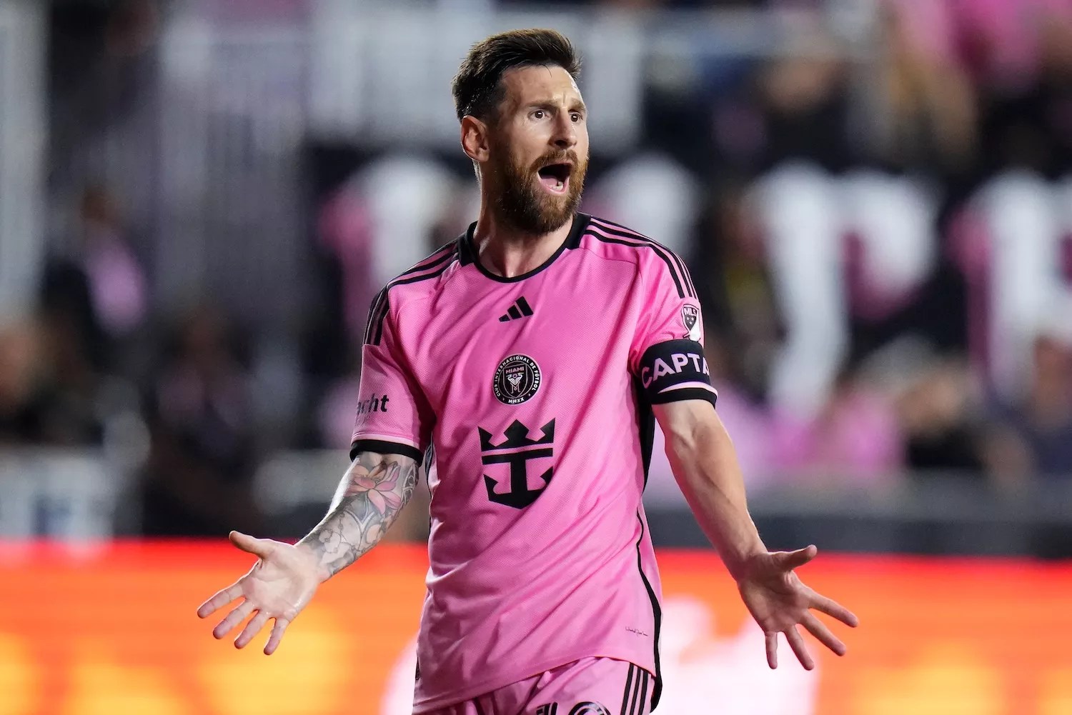 Lionel Messi #10 of Inter Miami reacts during the second half against the Atlanta United in round one of the 2024 MLS Playoffs at Chase Stadium on in Fort Lauderdale, Florida on October 25, 2024