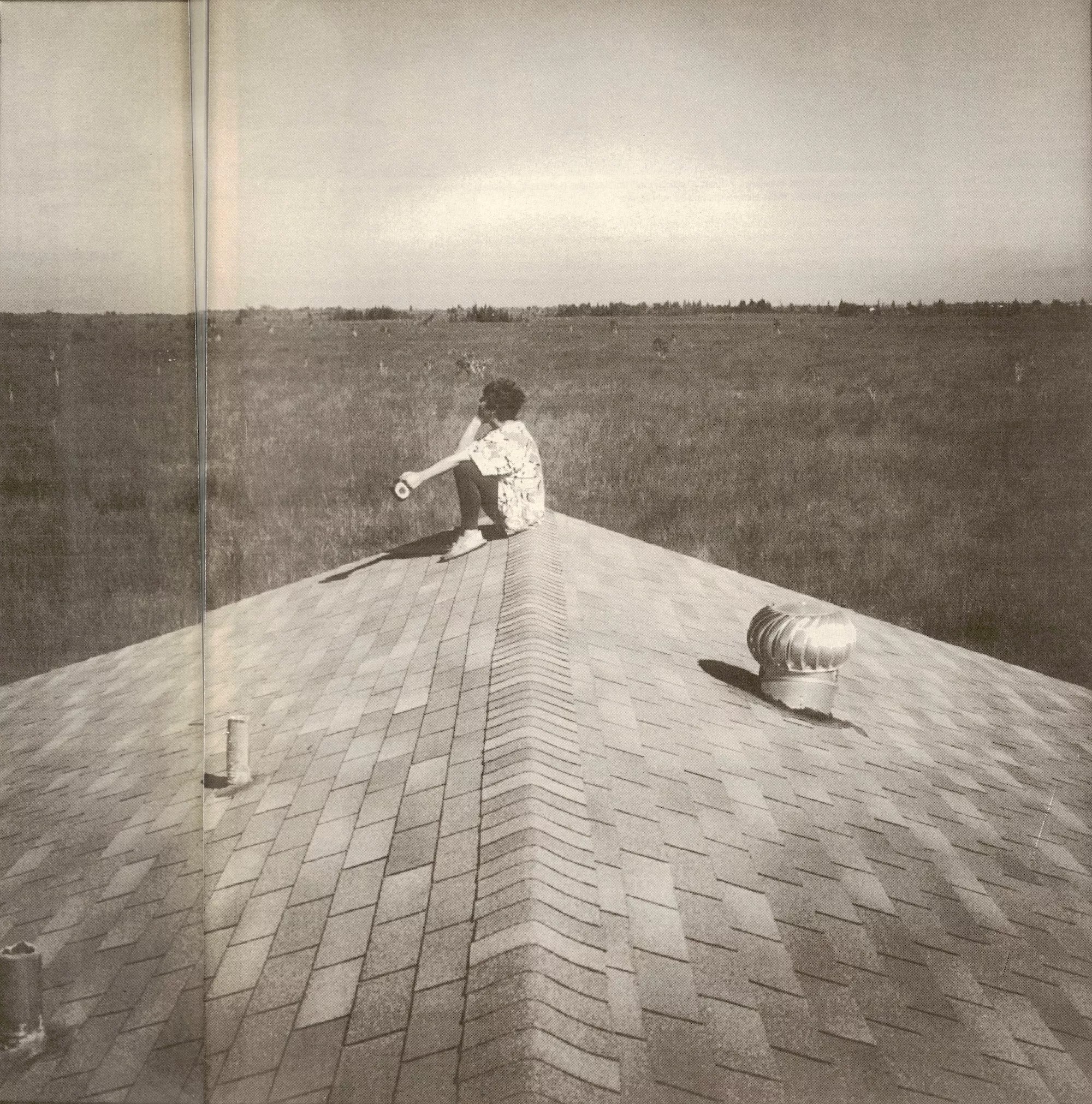 reproduction of a black and white photo of a woman sitting on the roof of a house at the edge of the Florida everglades