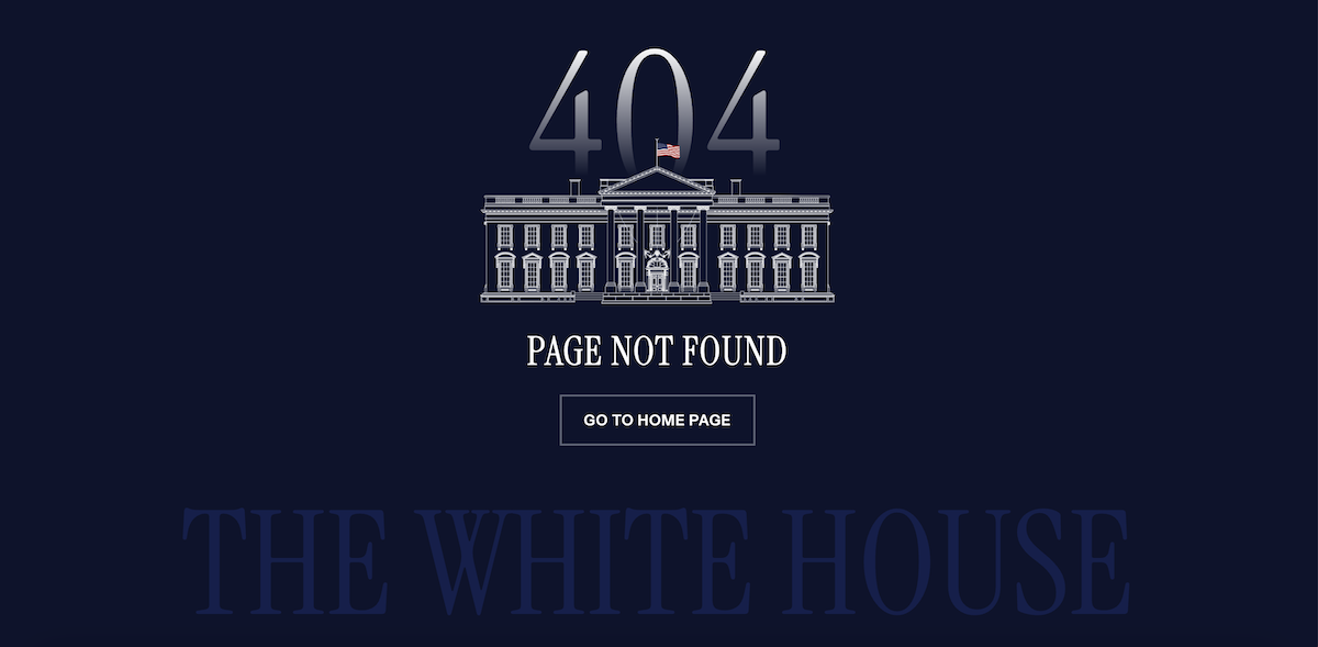 The Spanish language portion of the White House website now displays an illustration of the White House alongside message: "404 Page Not Found."