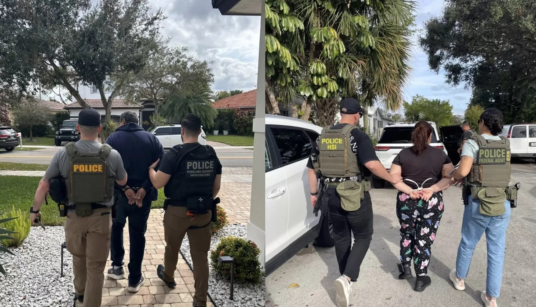A collage of two photos. The photo on the left shows HSI agents detaining a man in handcuffs. The photo on the right is two HSI agents walking a woman to a car with zip ties around her wrists.