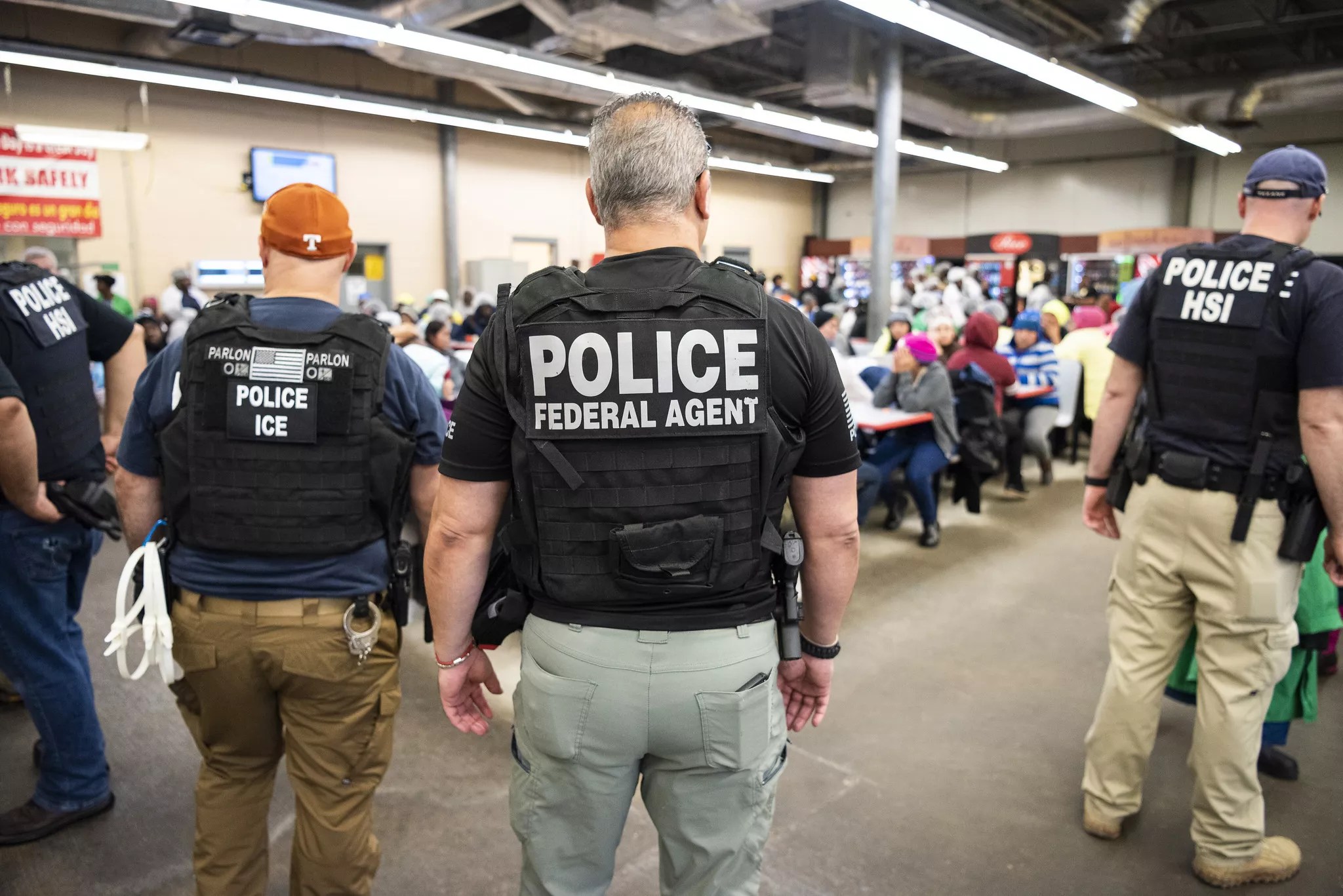 Federal agents with their back towards the camera. They wear bulletproof vests that say "Police Federal Agent" and are looking at detained migrants In the background.