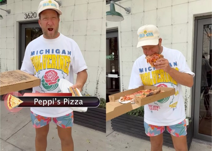 a man in shorts eating pizza from box