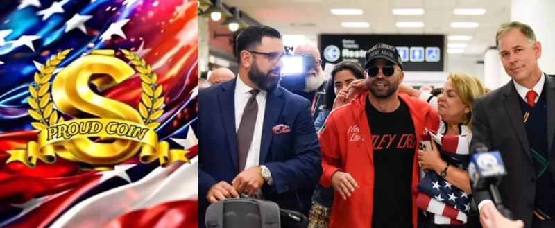 Collage of Proud Coin graphic (left), Enrique Tarrio wearing black sunglasses, red sweatshirt, and MAGA black hat, arrives at Miami International airport.