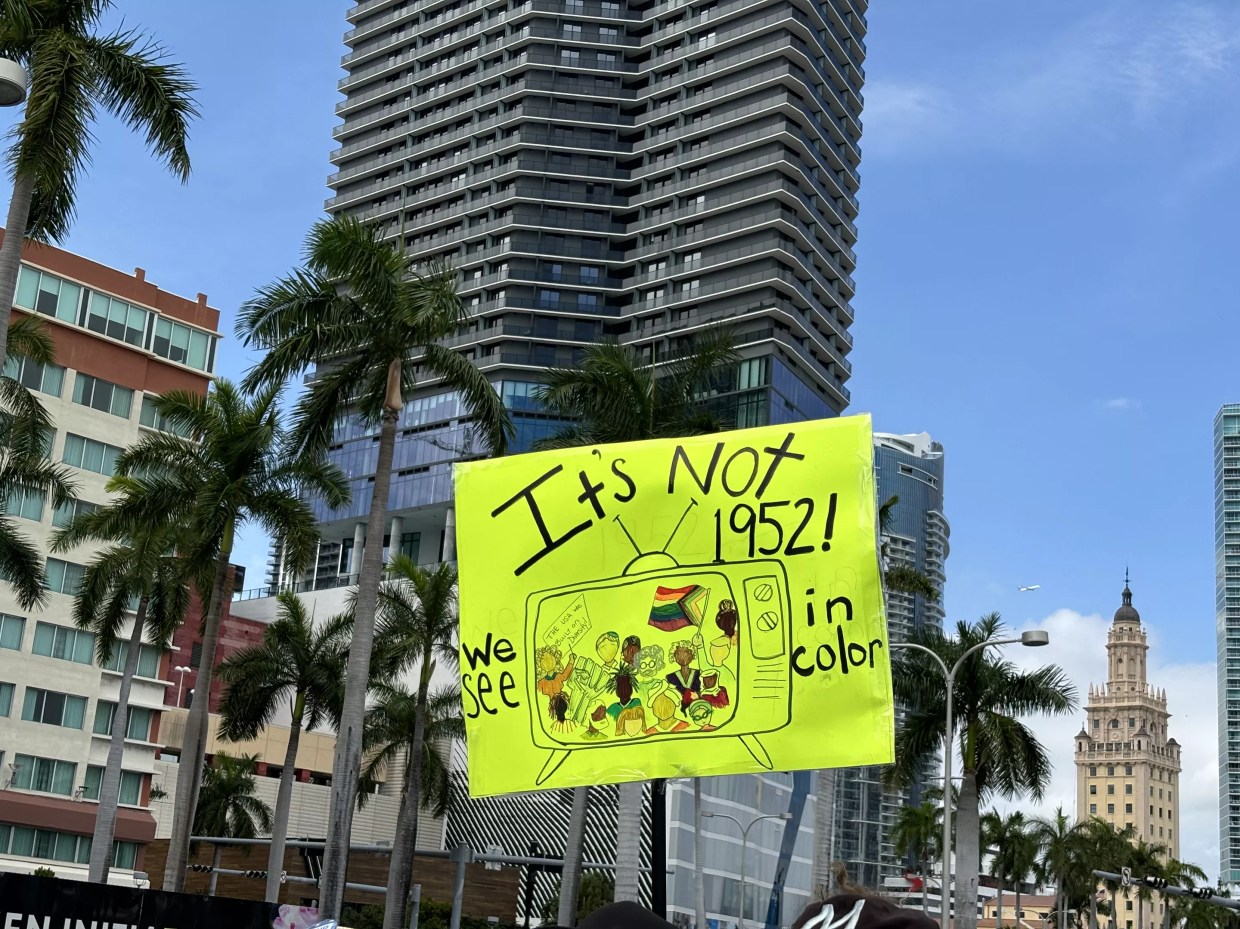 A sign at a protest states, "It's not 1952. We see in color."