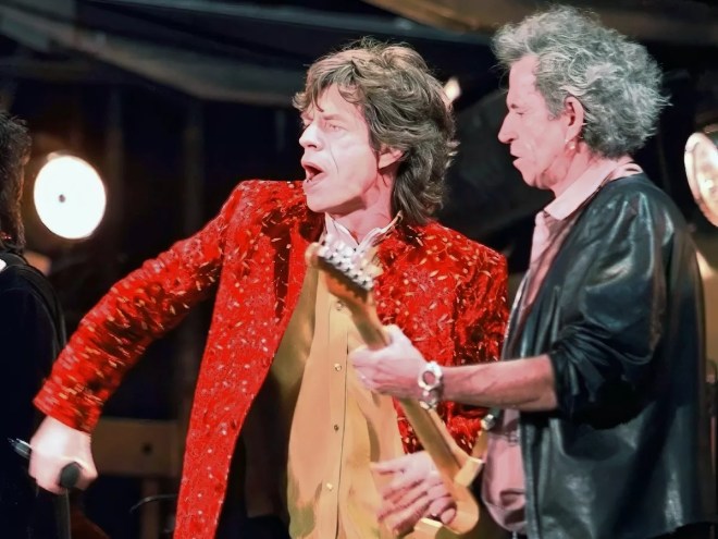 Rolling Stones' Mick Jagger and Keith Richards performing at the Orange Bowl in Miami in 1997