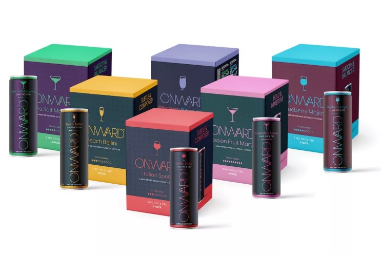 Boxes and cans of Onward, Trulieve's new line of THC-infused cocktails.