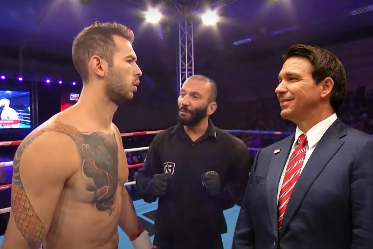 A photoshopped image of Andrew Tate kickboxing with Gov. Ron DeSantis.