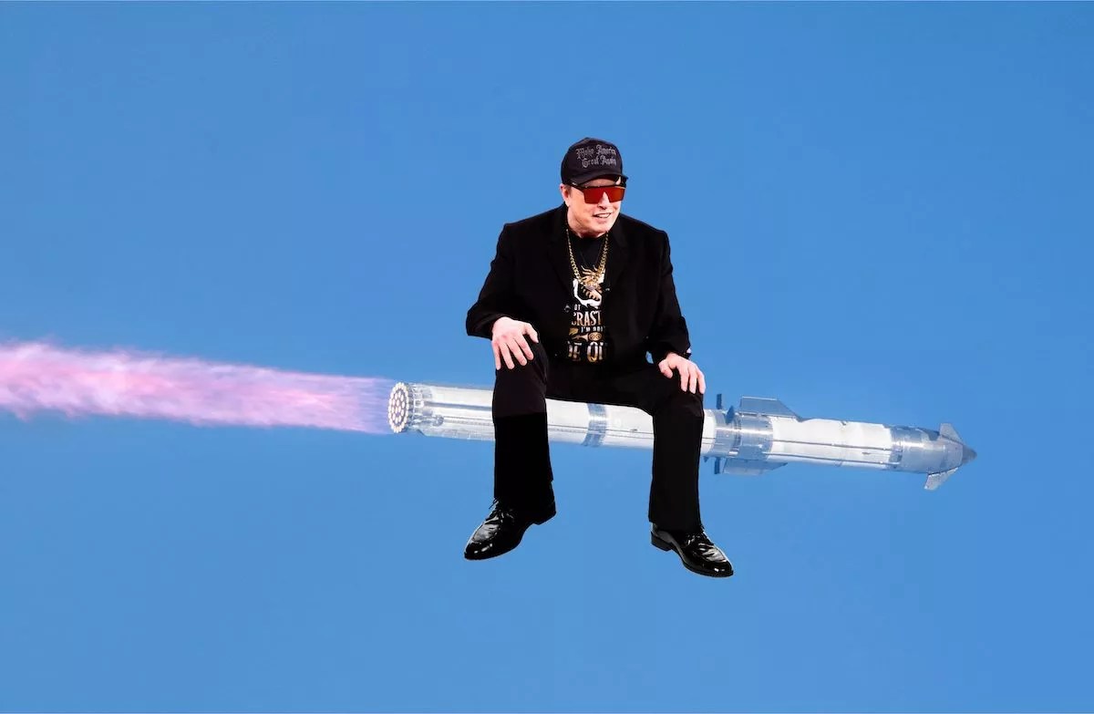 Elon Musk sitting on a rocket