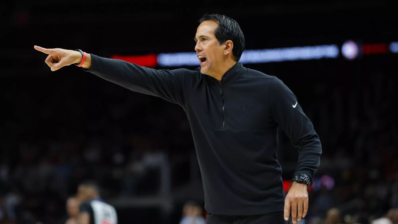 Head coach Erik Spoelstra of the Miami Heat reacts during the third quarter of a game against the Atlanta Hawks at State Farm Arena on February 24, 2025 in Atlanta, Georgia.