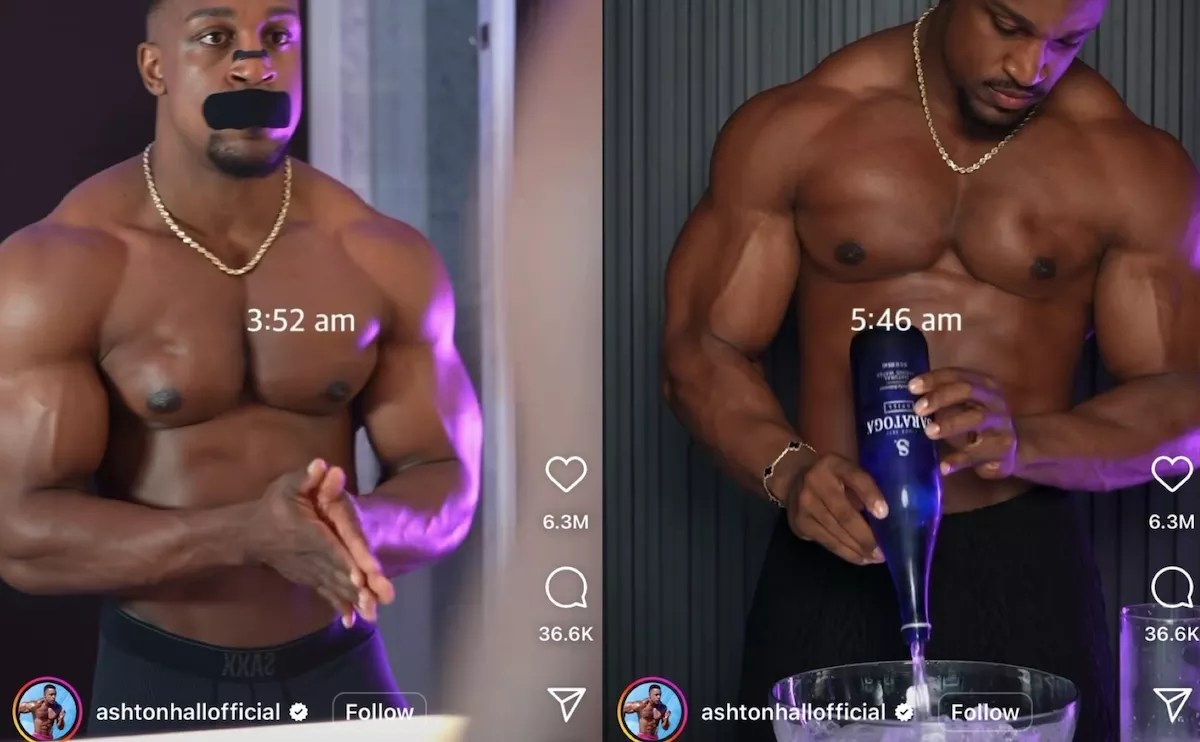 A photo collage of fitness influencer Ashton Hall standing infront of the mirror and pouring a bottle of Saratoga Spring Water into a bowl.