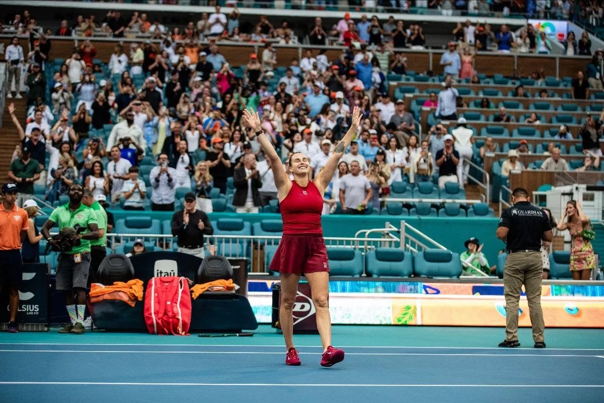 Arena Sabalenka cheers after winning the Miami Open women's final