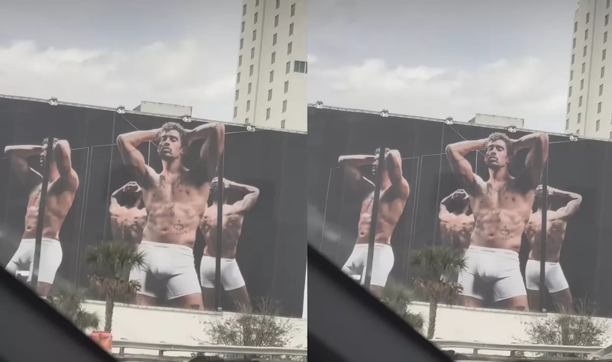 A billboard in Miami showing Bad Bunny posing in Calvin Klein underwear.