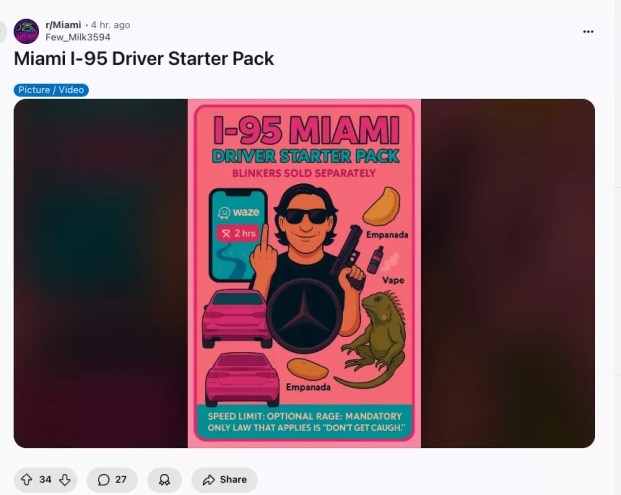 Screenshot from Reddit of graphic of "I-95 Miami Driver Starter Pack"