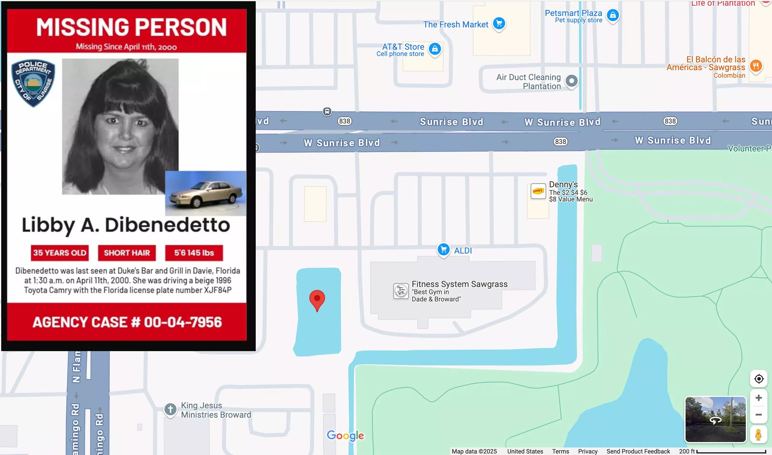 composite graphic showing a police missing-person poster superimposed on a Google satellite view depicting the vicinity of N. Flamingo Road and W. Sunrise Boulevard in Plantation, Florida