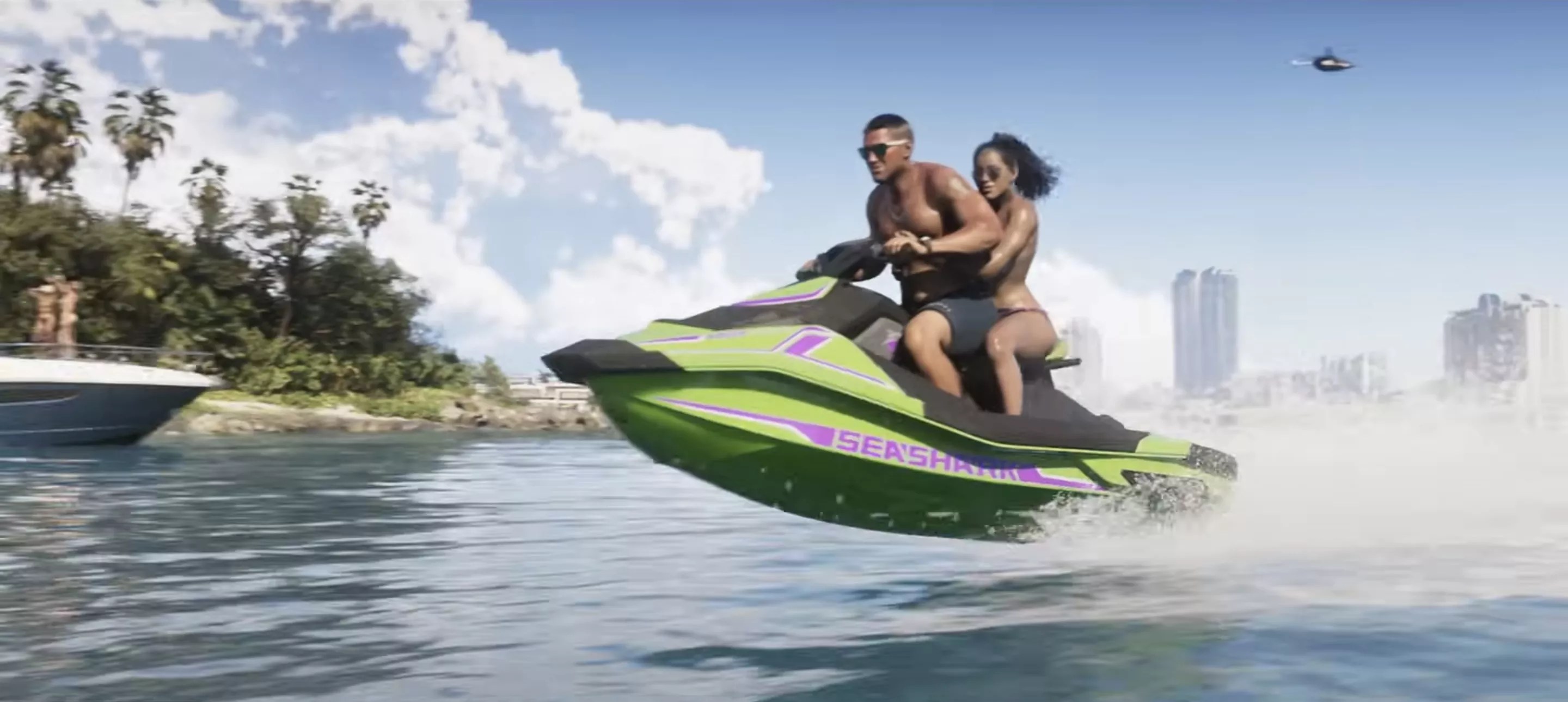 video game screenshot of a couple airborne on a jet ski