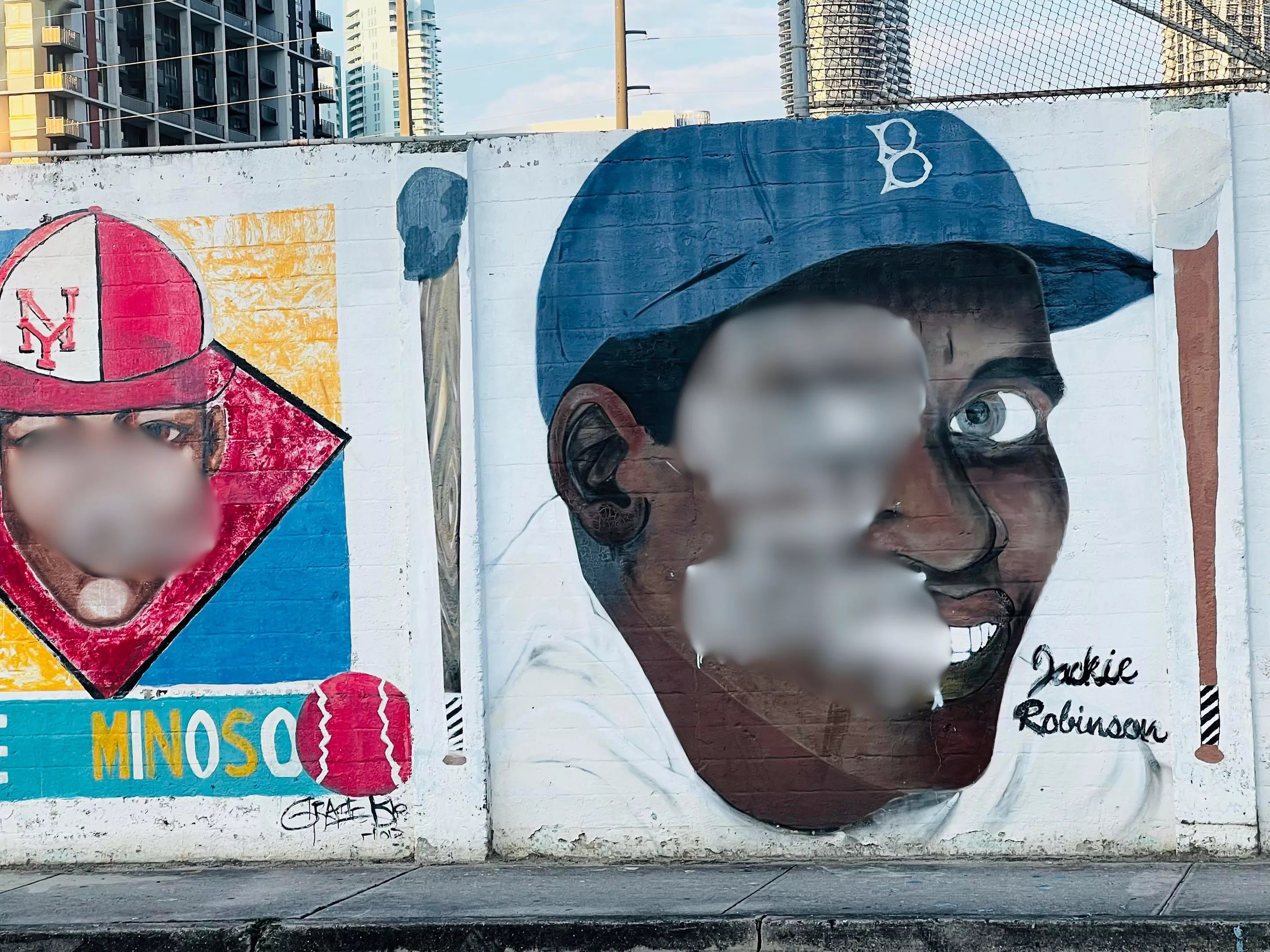 Blurred photo of vandalized Jackie Robinson mural