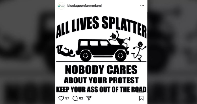 Instagram post of meme that reads "All Lives Splatter. Nobody cares about your protest. Kep your ass out of the road." A car runs over people.