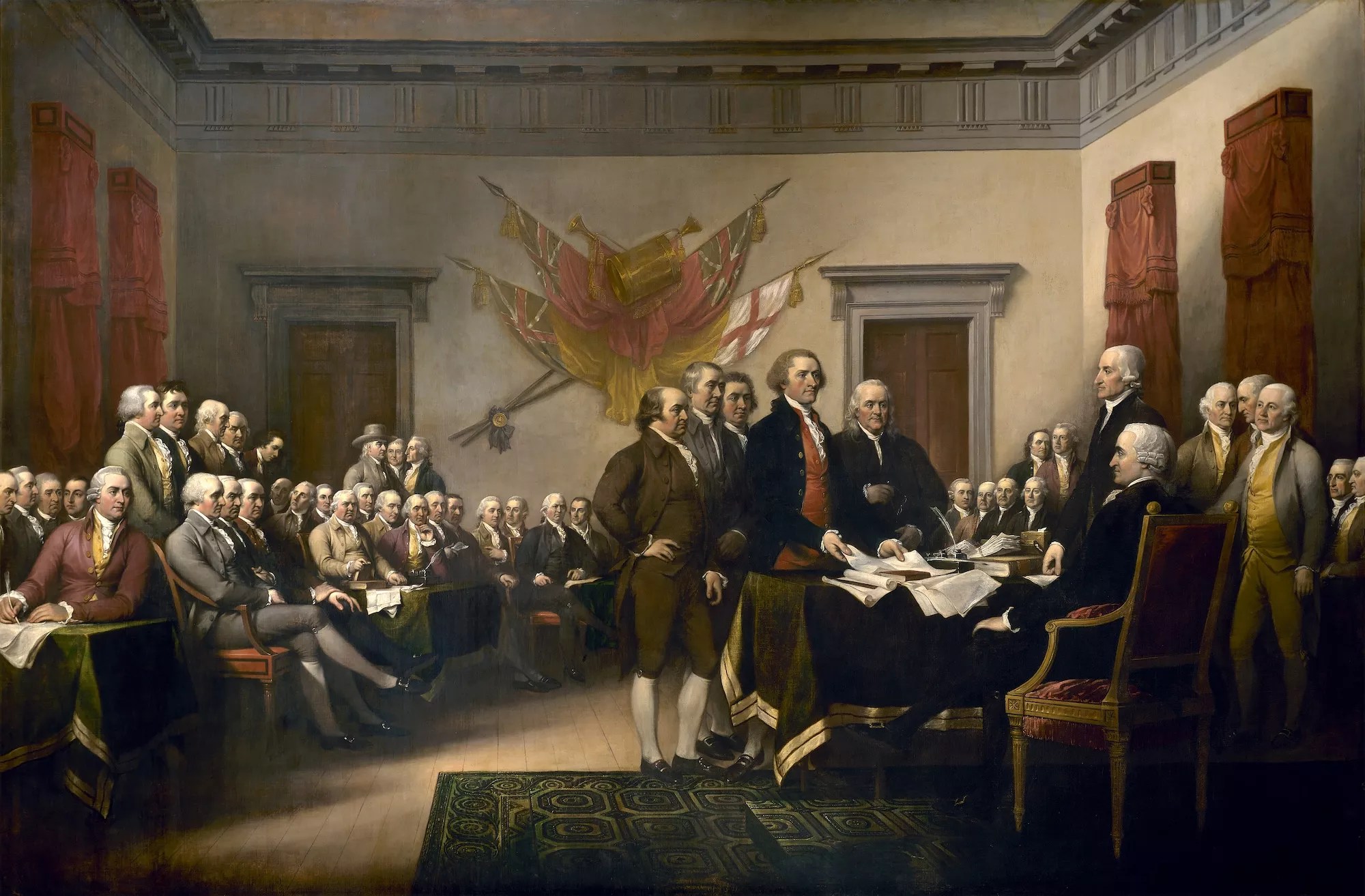 from Wikipedia: The painting shows the five-man drafting committee presenting their draft of the Declaration to the Congress, an event that took place on June 28, 1776, and not its signing, which took place mainly on August 2.