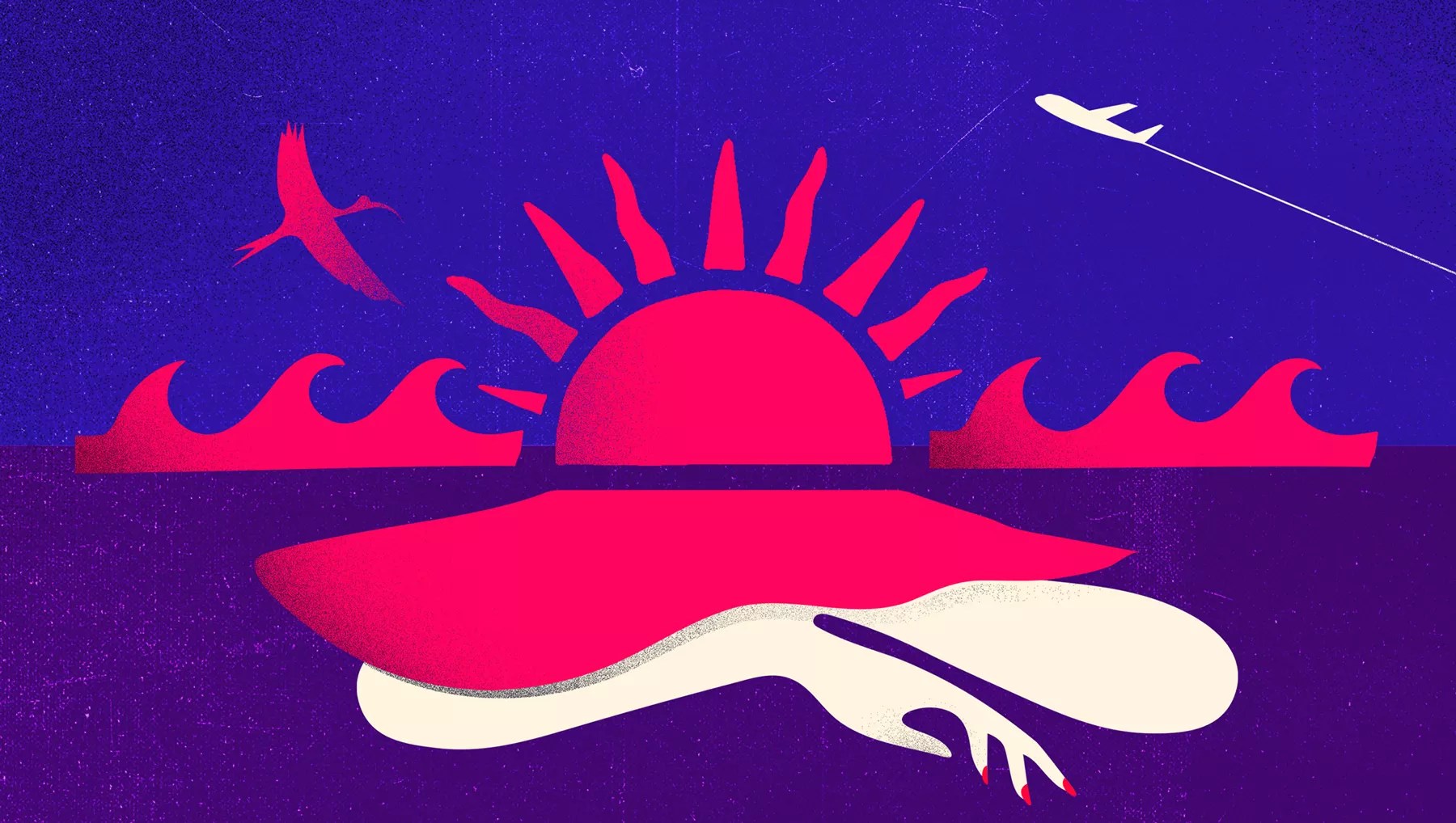 colorful abstract illustration of a pink sun rising over a purple tropical beach under an azure sky