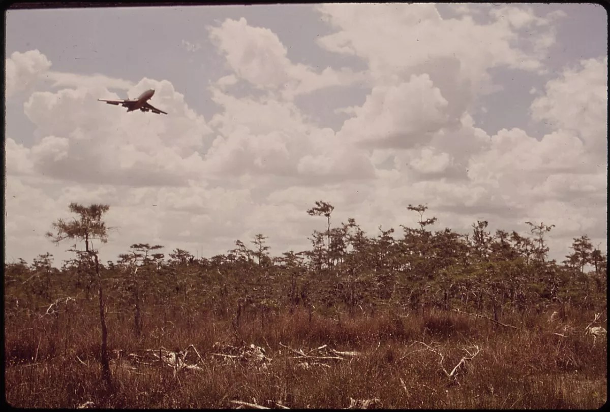 A jet takes off from the Everglades in an old photo
