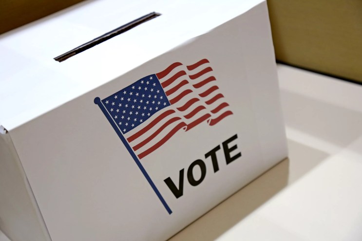 A ballot box sits at an election center.