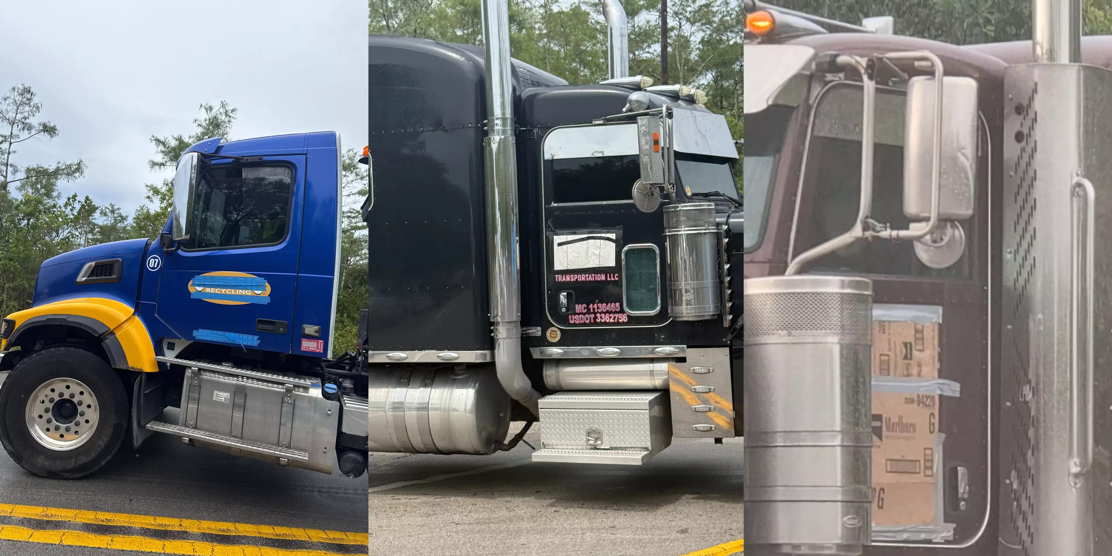 Three photos of trucks with their logos covered up
