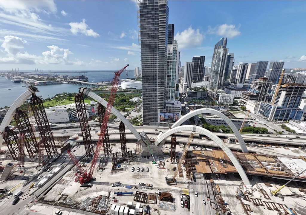 Construction of the Signature Bridge at the I-395/I-95 interchange in Miami.
