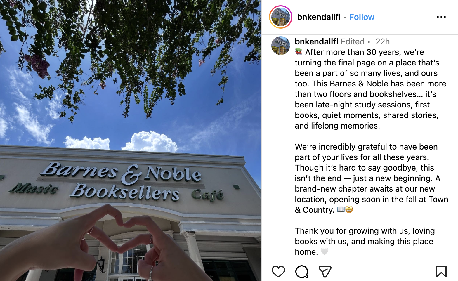 screenshot of an Instagram post announcing the closure of Barnes & Noble West Kendall
