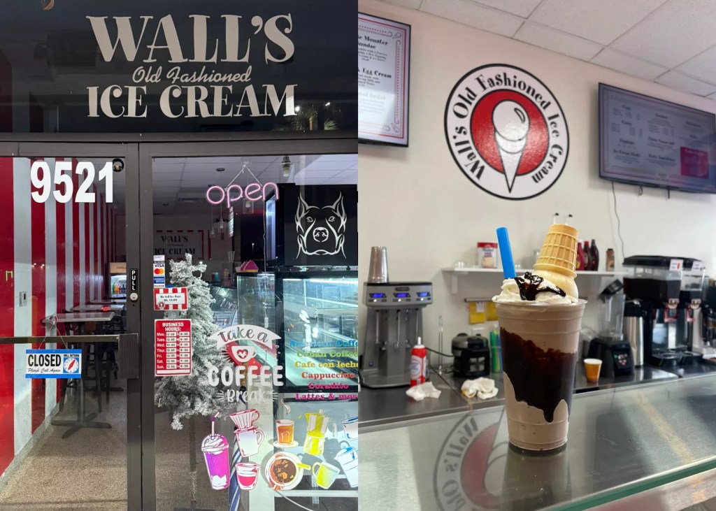 a collage of the exterior of a business and the interior with an ice cream sundae in a plastic cup