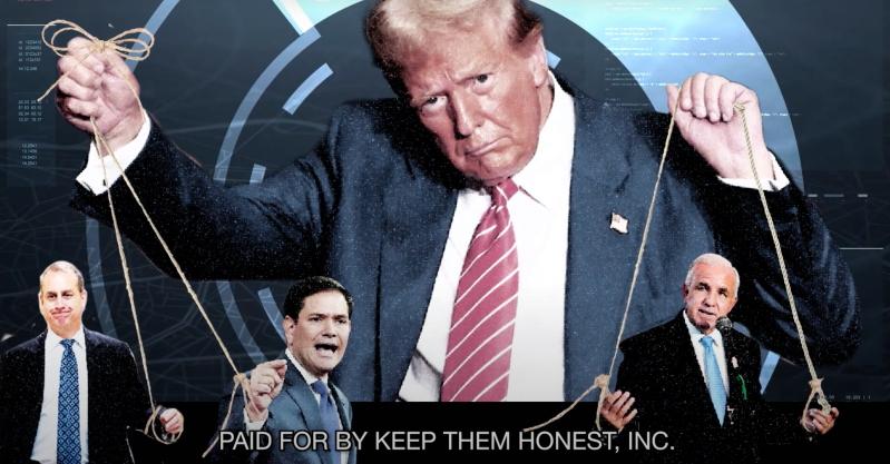 An illustration of Donald Trump pulling politicians on a string as if they are puppets.